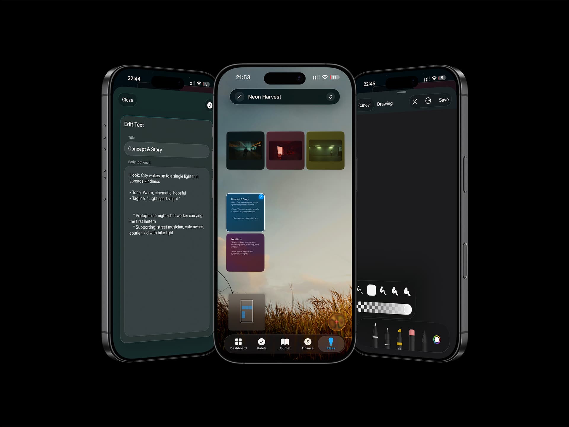Xified ideas: a text node, a canvas of connected cards and a drawing